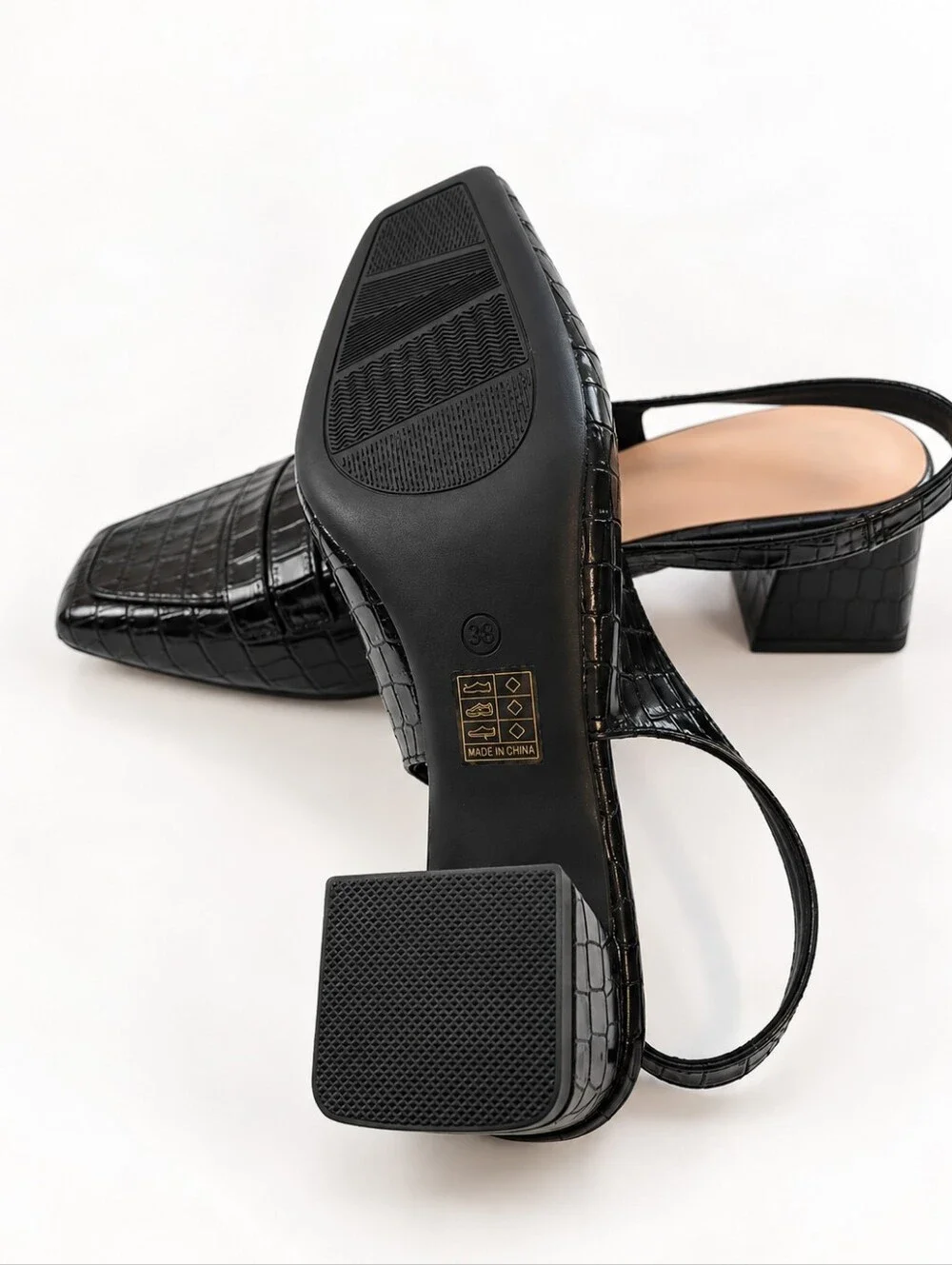 Black Croc Embossed Slingback Loafer Pumps Block Heel Shoes EU 39